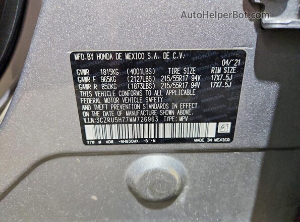 3CZRU5H77MM726963 2021 HONDA HR-V Серебряный Вид наклейки с VIN-кодом