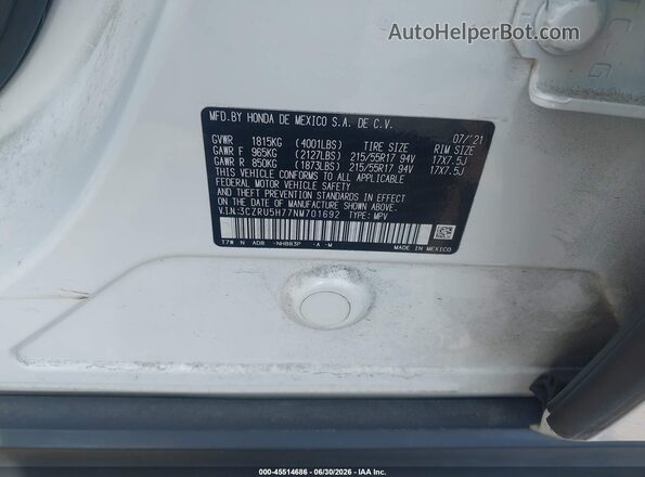 3CZRU5H77NM701692 2022 HONDA HR-V White Vista del compartimento del motor