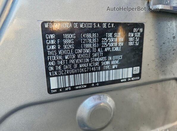 3CZRU6H10KG714618 2019 HONDA HR-V Silver VIN կոդի պիտակի տեսք