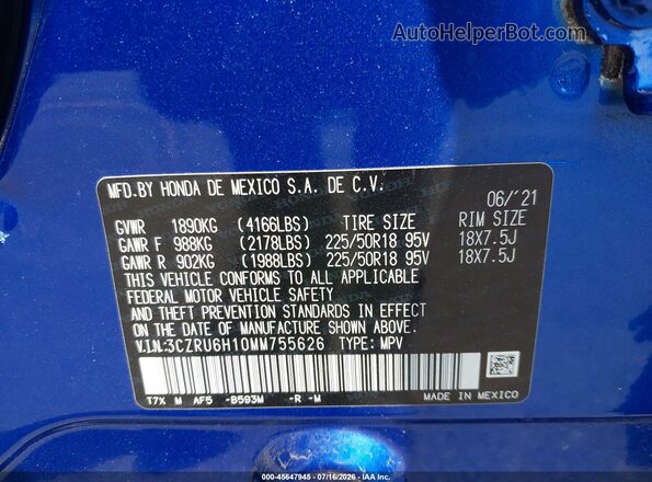 3CZRU6H10MM755626 2021 HONDA HR-V Blue ძრავის განყოფილების ხედი