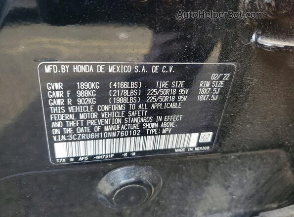 3CZRU6H10NM760102 2022 HONDA HR-V Black VIN კოდის სტიკერის ხედი