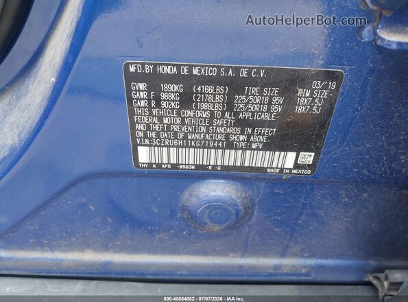 3CZRU6H11KG719441 2019 HONDA HR-V Blue Vista del compartimento del motor