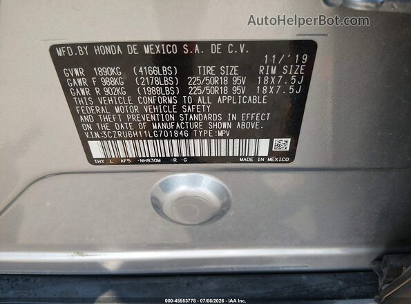 3CZRU6H11LG701846 2020 HONDA HR-V Silver Vista del compartimento del motor