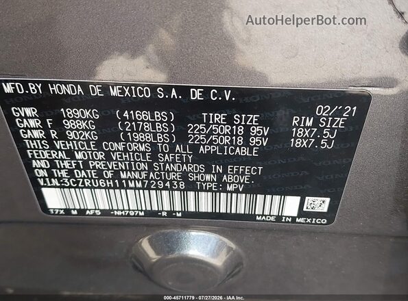 3CZRU6H11MM729438 2021 HONDA HR-V Gray Շարժիչի բաժամունքի տեսք