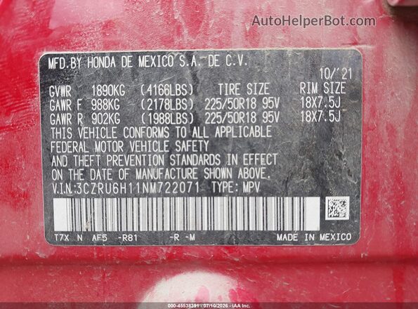 3CZRU6H11NM722071 2022 HONDA HR-V Красный Вид подкапотного пространства