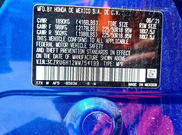 3CZRU6H12MM754199 2021 HONDA HR-V Blue VIN կոդի պիտակի տեսք