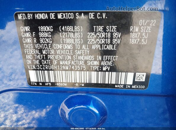 3CZRU6H12NM743575 2022 HONDA HR-V Blue Engine compartment view