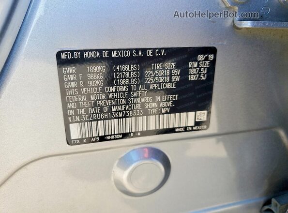 3CZRU6H13KM738333 2019 HONDA HR-V Silver Vista de la etiqueta del VIN