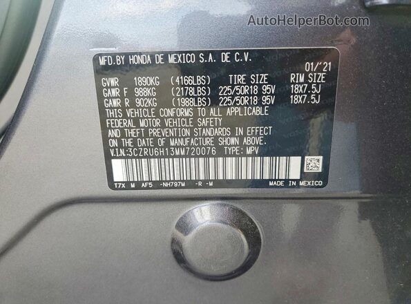 3CZRU6H13MM720076 2021 HONDA HR-V Gray VIN sticker view
