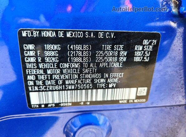 3CZRU6H13MM750565 2021 HONDA HR-V Blue VIN կոդի պիտակի տեսք