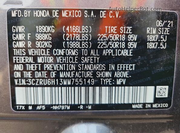 3CZRU6H13MM755149 2021 HONDA HR-V Gray Widok komory silnika