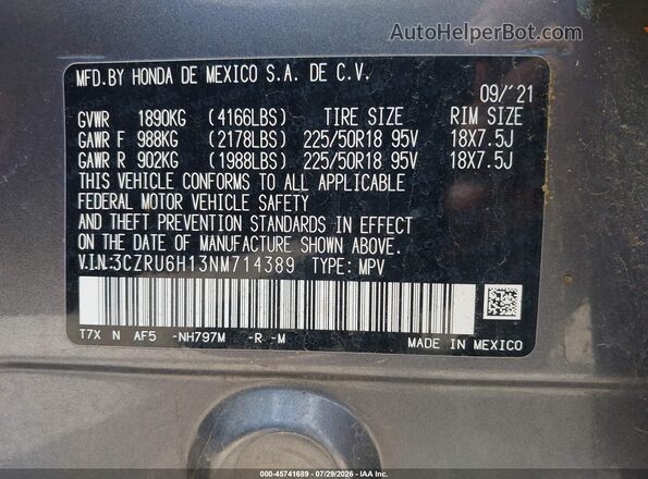 3CZRU6H13NM714389 2022 HONDA HR-V Gray Вид підкапотного простору