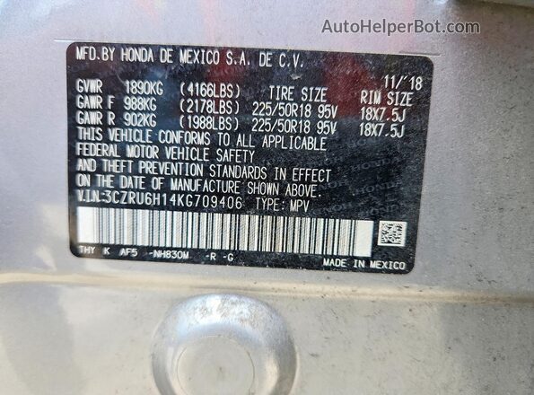 3CZRU6H14KG709406 2019 HONDA HR-V Серебряный Вид наклейки с VIN-кодом