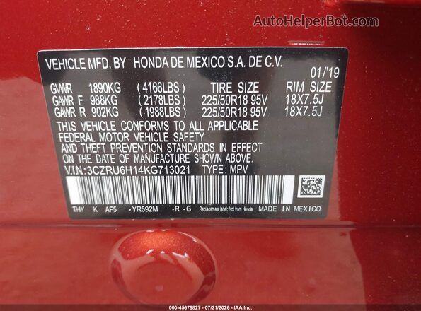 3CZRU6H14KG713021 2019 HONDA HR-V Orange Вид підкапотного простору