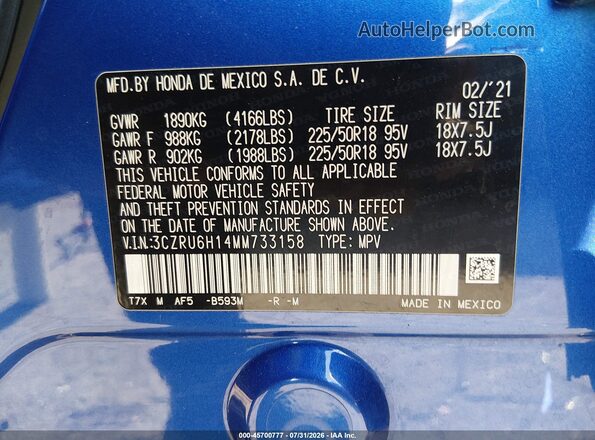 3CZRU6H14MM733158 2021 HONDA HR-V Blue Vista del compartimento del motor