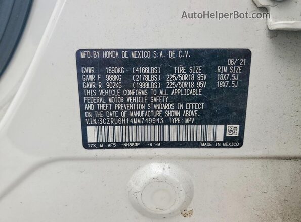 3CZRU6H14MM749943 2021 HONDA HR-V White Widok naklejki z numerem VIN