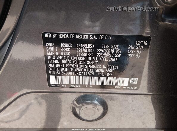 3CZRU6H15KG711875 2019 HONDA HR-V Gray Շարժիչի բաժամունքի տեսք
