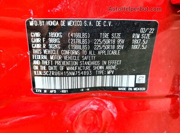 3CZRU6H15NM754893 2022 HONDA HR-V Red VIN կոդի պիտակի տեսք