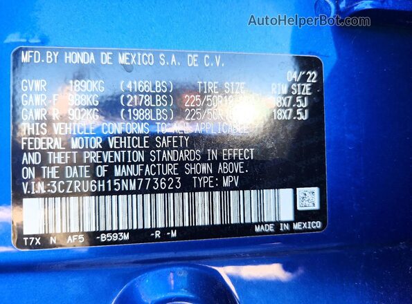 3CZRU6H15NM773623 2022 HONDA HR-V Blue ძრავის განყოფილების ხედი
