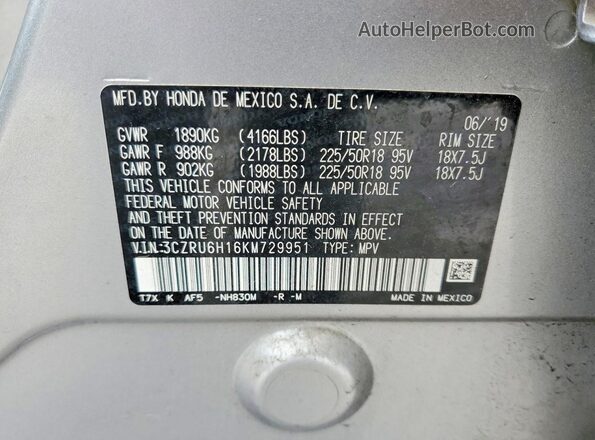 3CZRU6H16KM729951 2019 HONDA HR-V Silver VIN sticker view