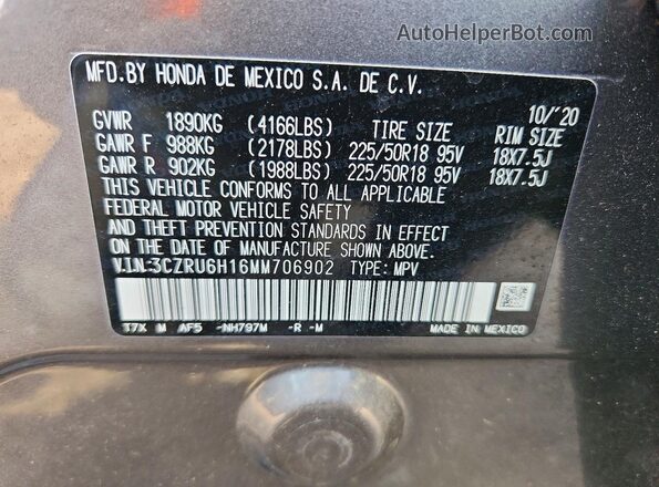 3CZRU6H16MM706902 2021 HONDA HR-V Gray Вид наклейки з VIN-кодом