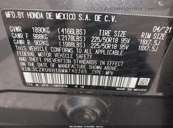 3CZRU6H16MM740385 2021 HONDA HR-V Gray Вид підкапотного простору