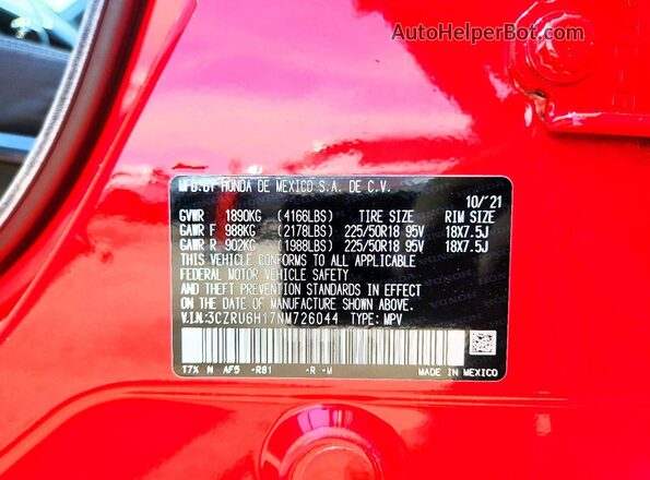 3CZRU6H17NM726044 2022 HONDA HR-V Red VIN კოდის სტიკერის ხედი
