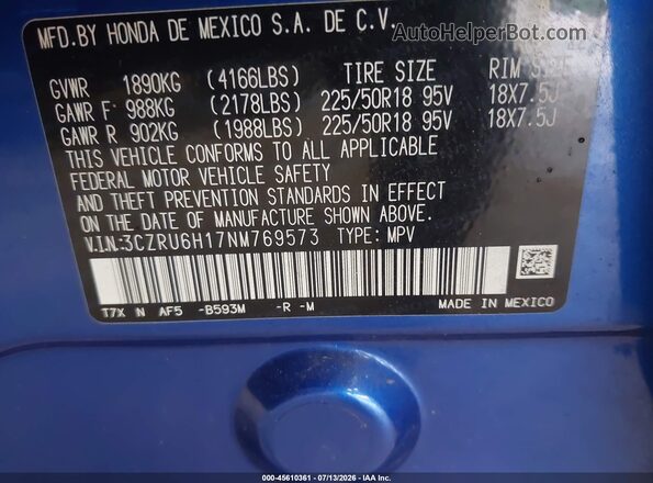 3CZRU6H17NM769573 2022 HONDA HR-V Blue Widok komory silnika