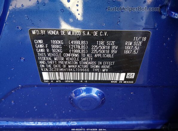 3CZRU6H18KG709666 2019 HONDA HR-V Blue ძრავის განყოფილების ხედი