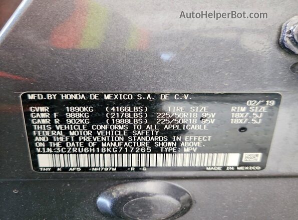 3CZRU6H18KG717265 2019 HONDA HR-V Gray Вид підкапотного простору