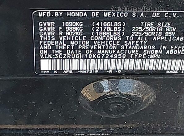 3CZRU6H18KG724958 2019 HONDA HR-V Black Engine compartment view