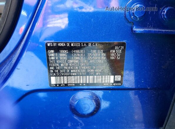 3CZRU6H18MM719781 2021 HONDA HR-V Blue VIN կոդի պիտակի տեսք