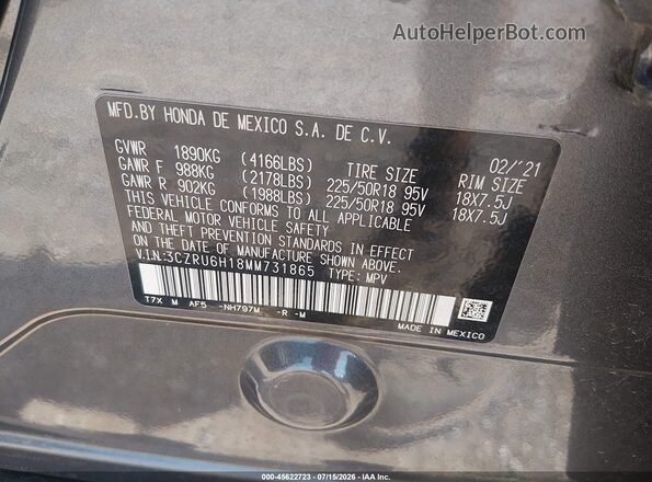 3CZRU6H18MM731865 2021 HONDA HR-V Gray Engine compartment view