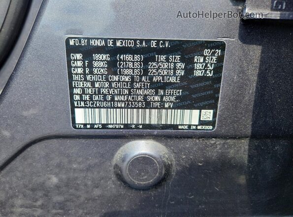 3CZRU6H18MM733583 2021 HONDA HR-V Gray Вид наклейки з VIN-кодом
