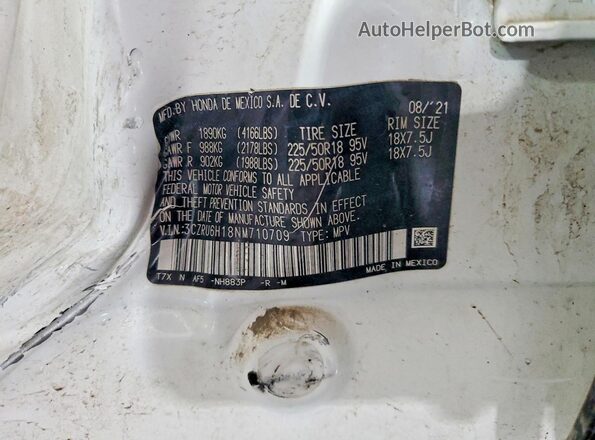 3CZRU6H18NM710709 2022 HONDA HR-V White Widok naklejki z numerem VIN