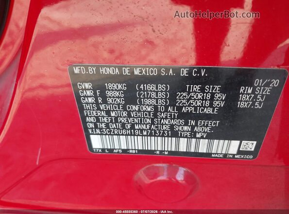 3CZRU6H19LM713731 2020 HONDA HR-V Red ძრავის განყოფილების ხედი