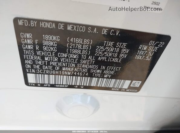 3CZRU6H19NM744674 2022 HONDA HR-V White Շարժիչի բաժամունքի տեսք