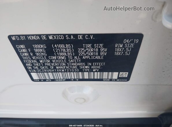 3CZRU6H1XKM721030 2019 HONDA HR-V White Engine compartment view