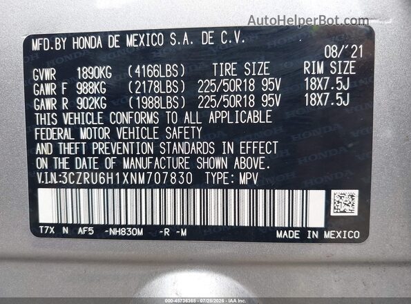 3CZRU6H1XNM707830 2022 HONDA HR-V Silver ძრავის განყოფილების ხედი