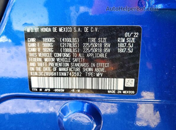 3CZRU6H1XNM743582 2022 HONDA HR-V Blue Vista de la etiqueta del VIN
