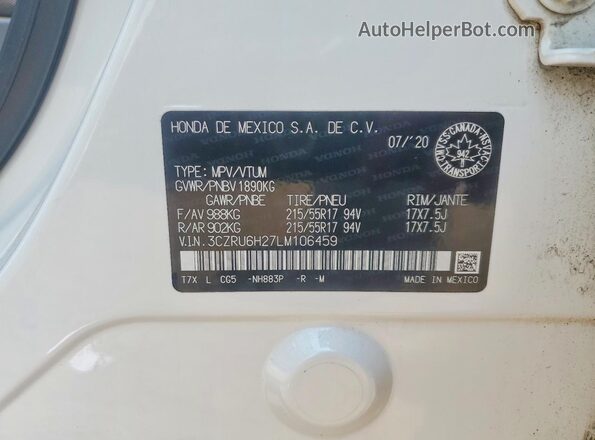 3CZRU6H27LM106459 2020 HONDA HR-V White Vista del compartimento del motor