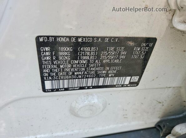 3CZRU6H30JM724602 2018 HONDA HR-V White VIN կոդի պիտակի տեսք