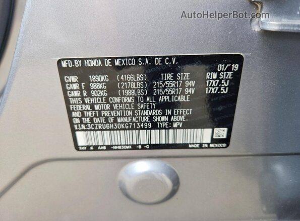 3CZRU6H30KG713499 2019 HONDA HR-V Silver 360 interior view
