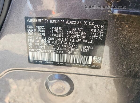 3CZRU6H30KG728181 2019 HONDA HR-V Gray Widok naklejki z numerem VIN