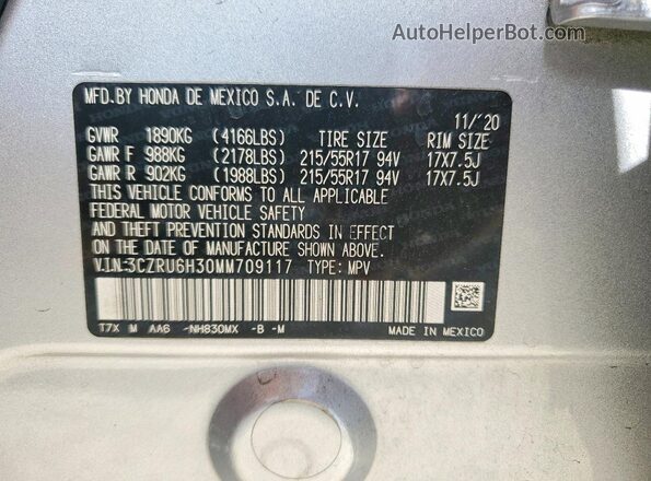 3CZRU6H30MM709117 2021 HONDA HR-V Silver VIN sticker view