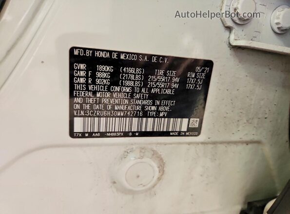 3CZRU6H30MM742716 2021 HONDA HR-V White VIN կոդի պիտակի տեսք