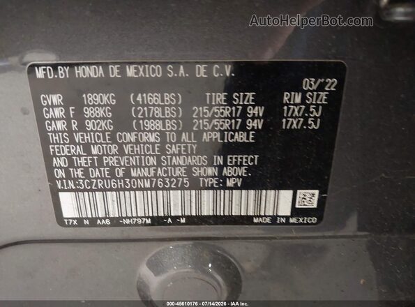 3CZRU6H30NM763275 2022 HONDA HR-V Gray Widok komory silnika