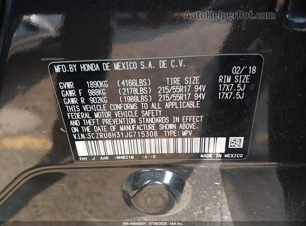 3CZRU6H31JG715308 2018 HONDA HR-V Черный Вид подкапотного пространства