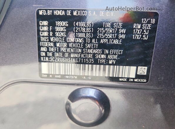 3CZRU6H31KG711535 2019 HONDA HR-V Gray Widok naklejki z numerem VIN