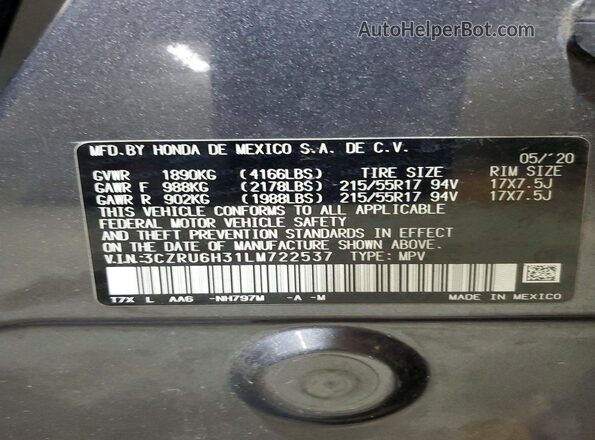 3CZRU6H31LM722537 2020 HONDA HR-V Gray Widok naklejki z numerem VIN